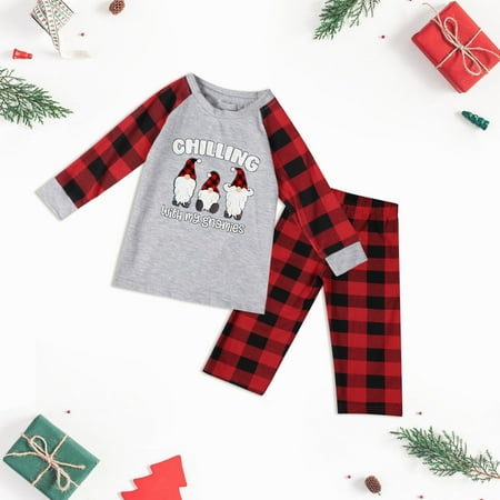 

NEGJ Matching Family Pajamas Christmas Sets Letter And Plaid Printed Long Sleeve Tee And Bottom Loungewear (Kid)