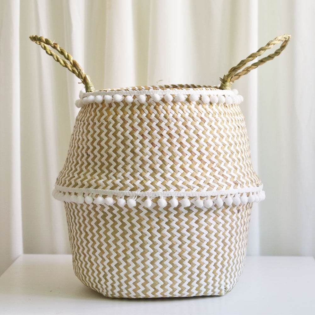 UK 1/2Pcs Seagrass Flower Belly Storage Basket Plant Woven Pot Laundry Bags 