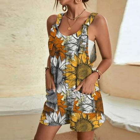 

Loose Rompers for Women Women s Tie Shoulder Overall Shorts Scoop Neck Prints Romper Jumpsuit With Pocket Plus New Style Jumpsuits for Women Printed Comfy Comfy Romper Rompers for Women