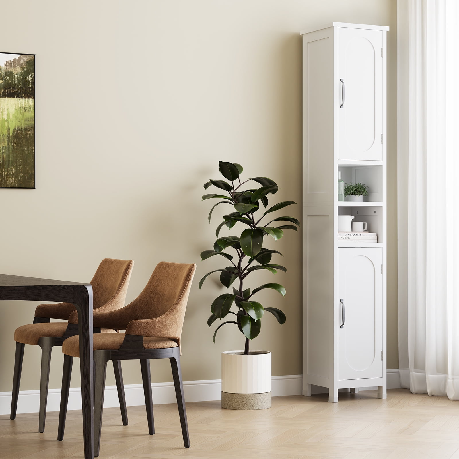 Selooye Tall Bathroom Storage Cabinet with Lights, Adjustable Shelves, White