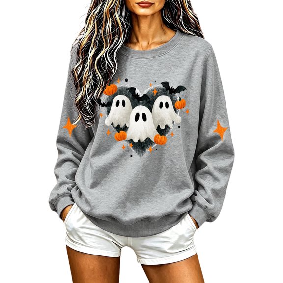 Womens Halloween Sweatshirts Casual Long Sleeve Halloween Ghost Graphic Printing Round Neck Pullover Sweatshirt Fall Winter Relaxed Fit Sweater Ladies Halloween Costume