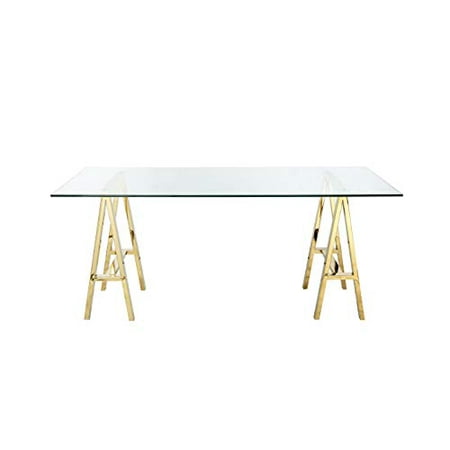 Glass Writing Desk With Metal Sawhorse Style Legs Large Gold And