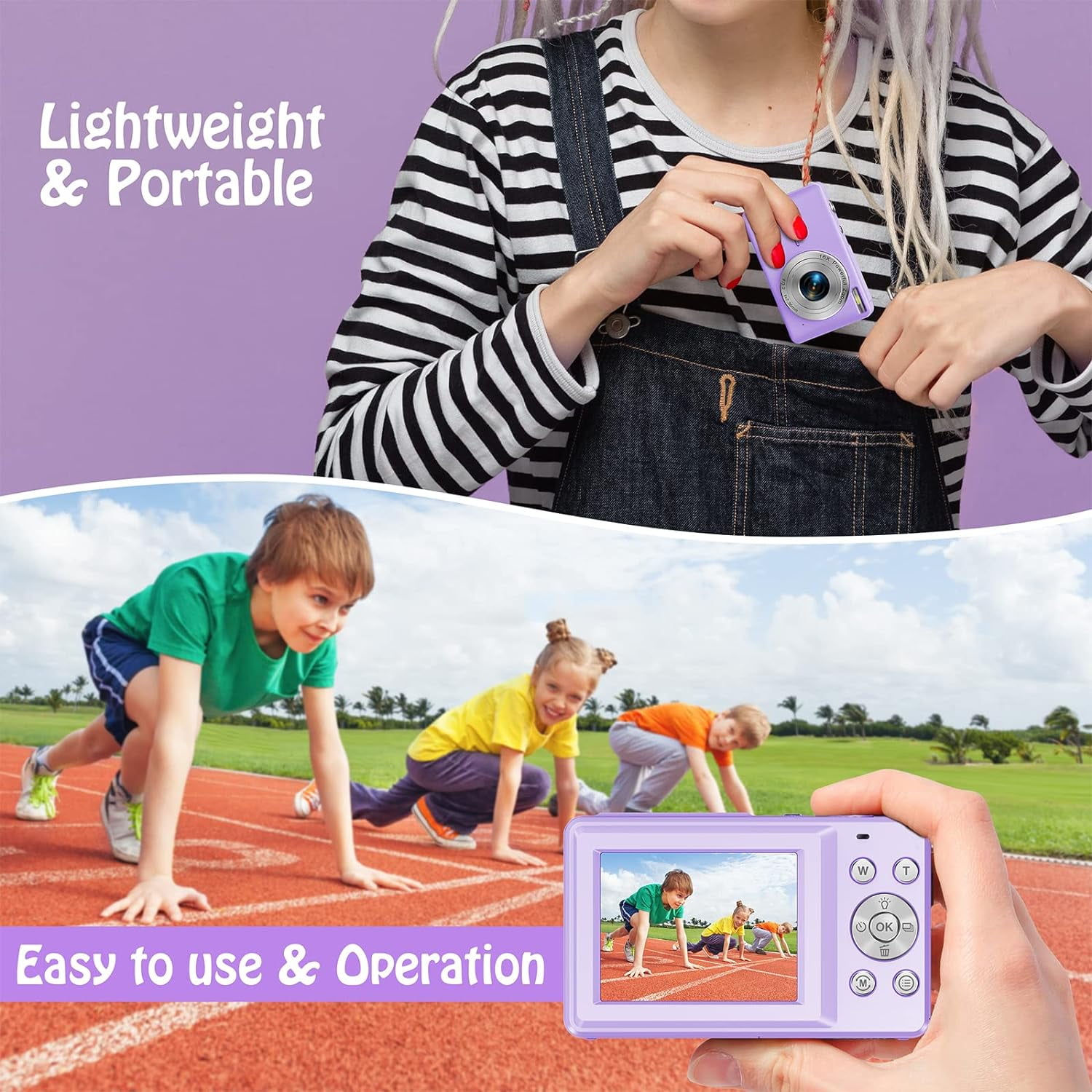 Digital Camera Kids Camera FHD 1080P 44MP Vlogging Camera with 16X Digital Zoom Portable Mini Digital Camera for Kids Teens Seniors with 32GB Card (Purple)