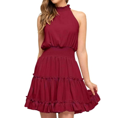 

koaiezne Womens Halter Neck Beach Summer Solid Color Casual Sleeveless Backless Ruffle Hem Dresses Long Pajama Dress plus Size Slouchy Dress