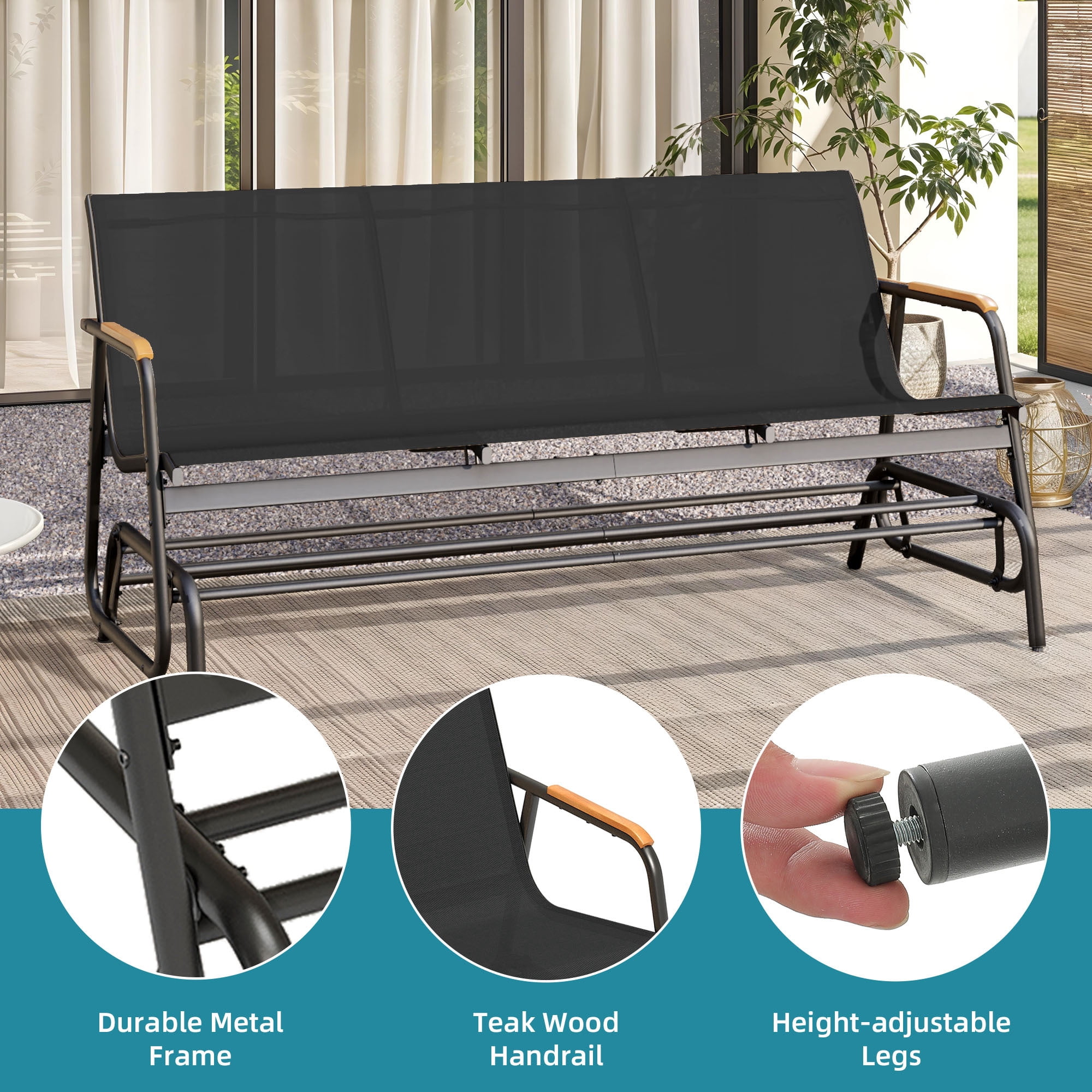 Uforic 3-Seat Patio Glider Bench, Outdoor Porch Swing with Breathable Textilene Mesh Fabric, Black