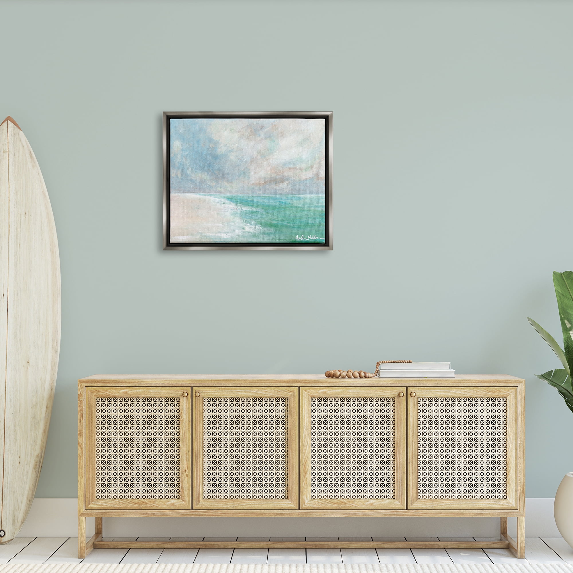 Stupell Peaceful Beach Foam Shore Scenery Landscape Painting Gray Floater Framed Art Print Wall Art