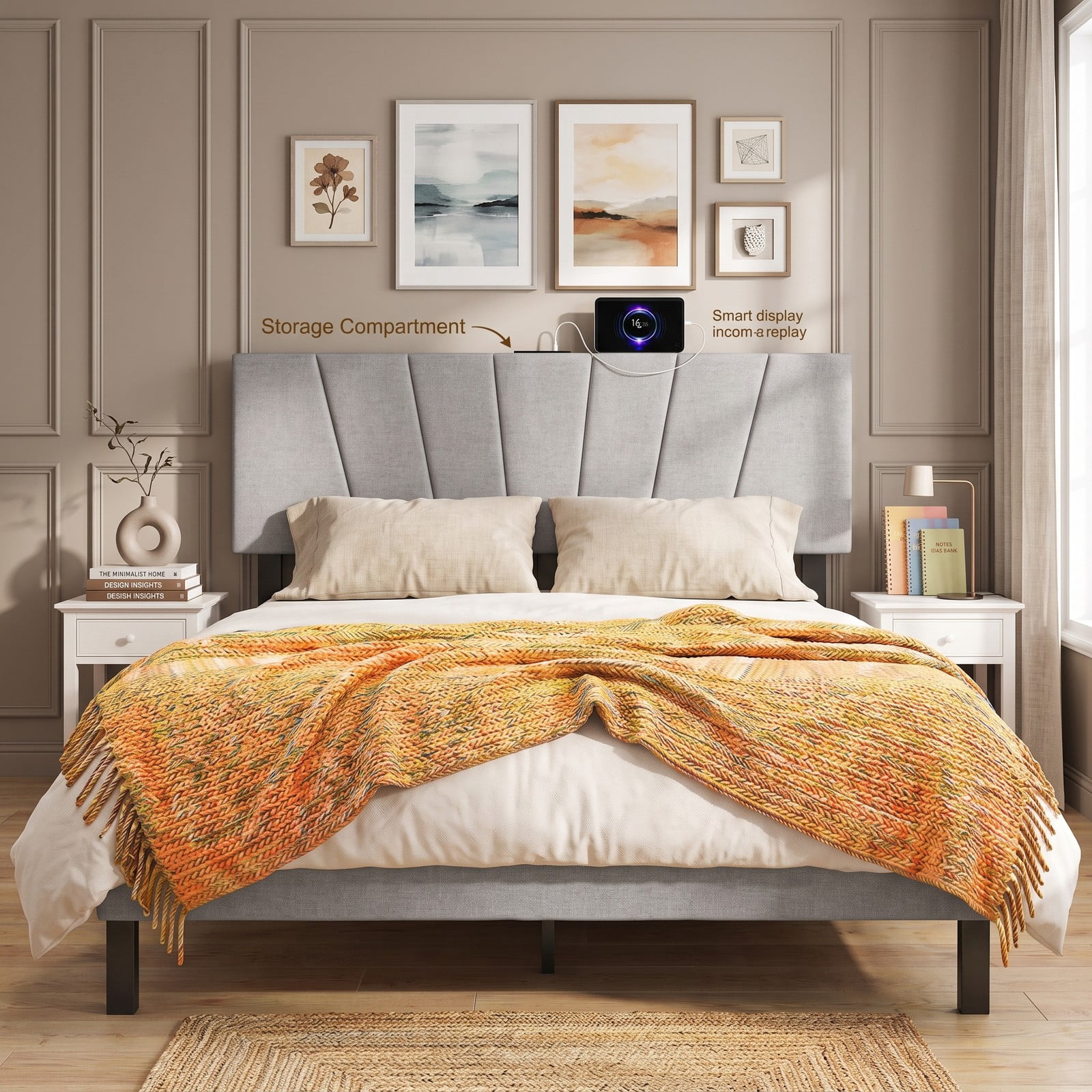 Furnibear Geometric Channel Upholstered Headboard with 2 AC Outlets and USB and Type-C Charging Ports for Full and Queen Size Beds, Gray