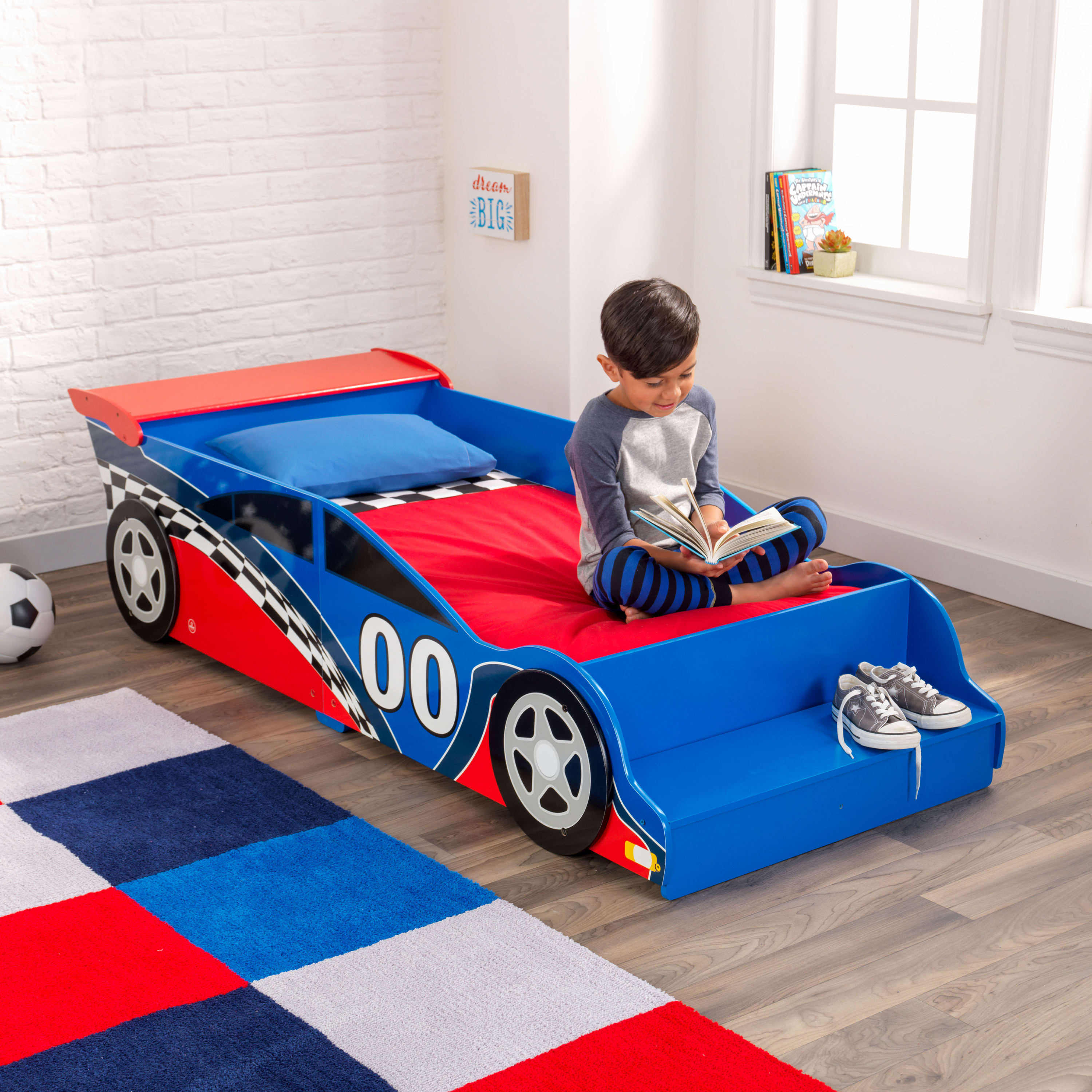 KidKraft Wooden Racecar Toddler Bed with Built-In Bench and Bed Rails - Red and Blue - image 3 of 8