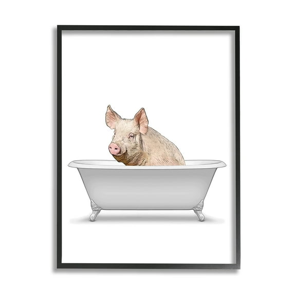 Stupell Industries Farm Pig Bath Tub Bathroom Animals & Insects Painting Black Framed Art Print Wall Art