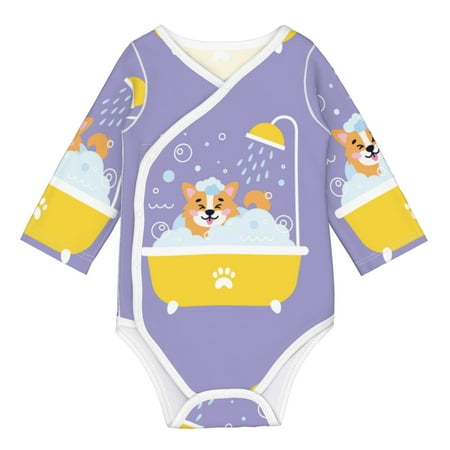

Tebeau Corgi Washing in Bathtub Print Baby Long Sleeve Bodysuit Long Sleeve Onesies Romper For Girls Boys Clothes Baby Onesies-12 Months