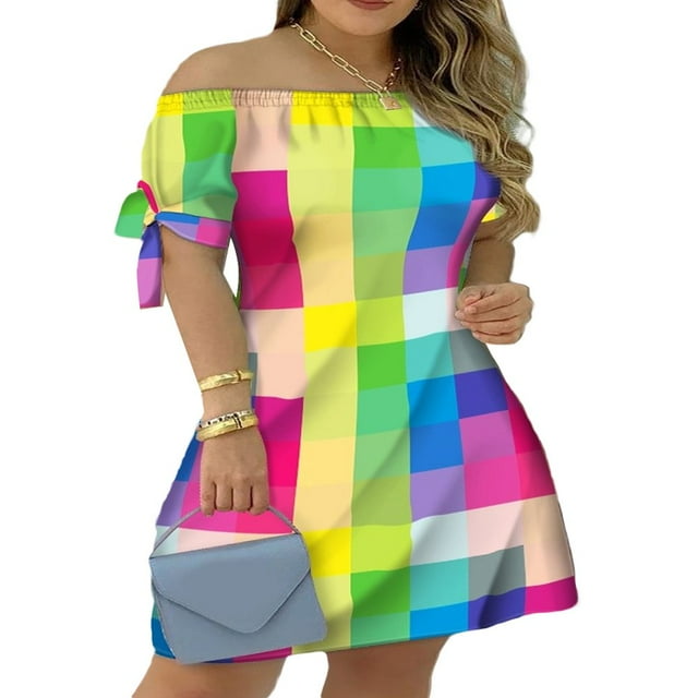 Robe Décontractée Mini pour Femmes Été Rayée Épaules Dénudées Manches Courtes Robe Trapèze Courte