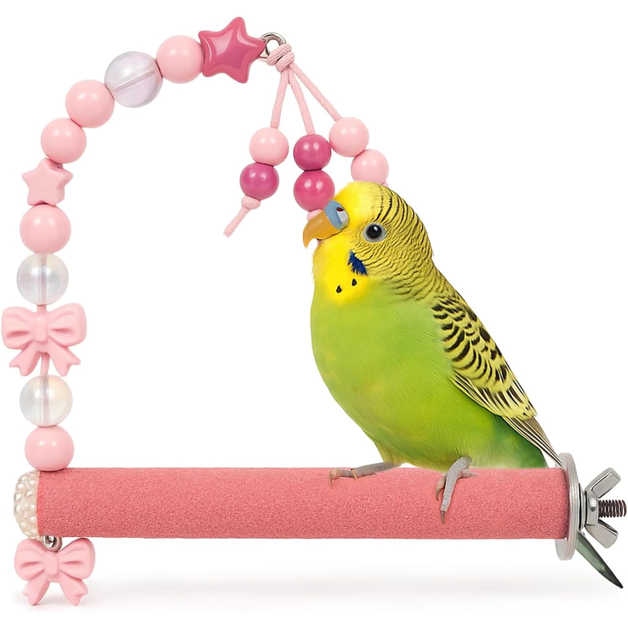 Bird Parrot Perch with Beads and Bow Chew Toy,Cage Platform Toy and Exercise Accessories for Budgies Parakeets Cockatiels Conures and Lovebirds (Pink)