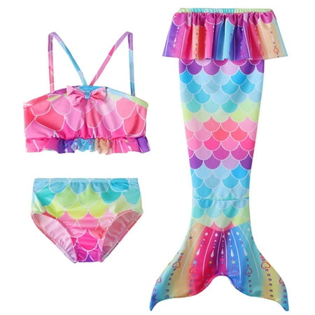 Toimothcn Swimsuit For Girls Sleeveless Casual Colorful Fish Scale Printed 3 Piece Tail Bikini Set Quickly Dry Cover Up Swimwear 7-8 Years