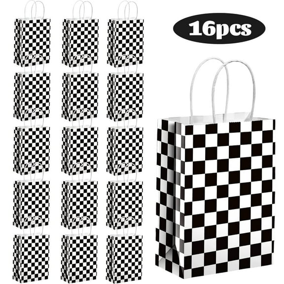 Checkered Racing Treat Bags 16 Pcs Black and White Checkered Flag Gift Bags with Handles - Race Car Party Favors Themed Birthday Party Supplies