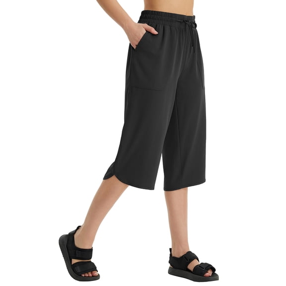 BALEAF Women's Capri Pants Long Shorts Wide Leg Below The Knee Water Resistant Lightweight Quick Dry Breathable UPF 50 Elastic Waist Casual for Hiking Black XL