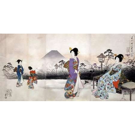 Japonaises en promenade devant le mont Fuji Rolled Canvas Art - Toyohara (10 x