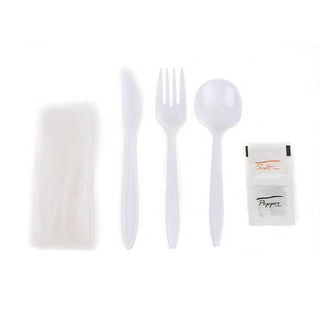 Argento Silver Plastic Cutlery Set - with White Napkin, Silver Ribbon - 7  1/4 x 2 x 1 3/4 - 100 count box