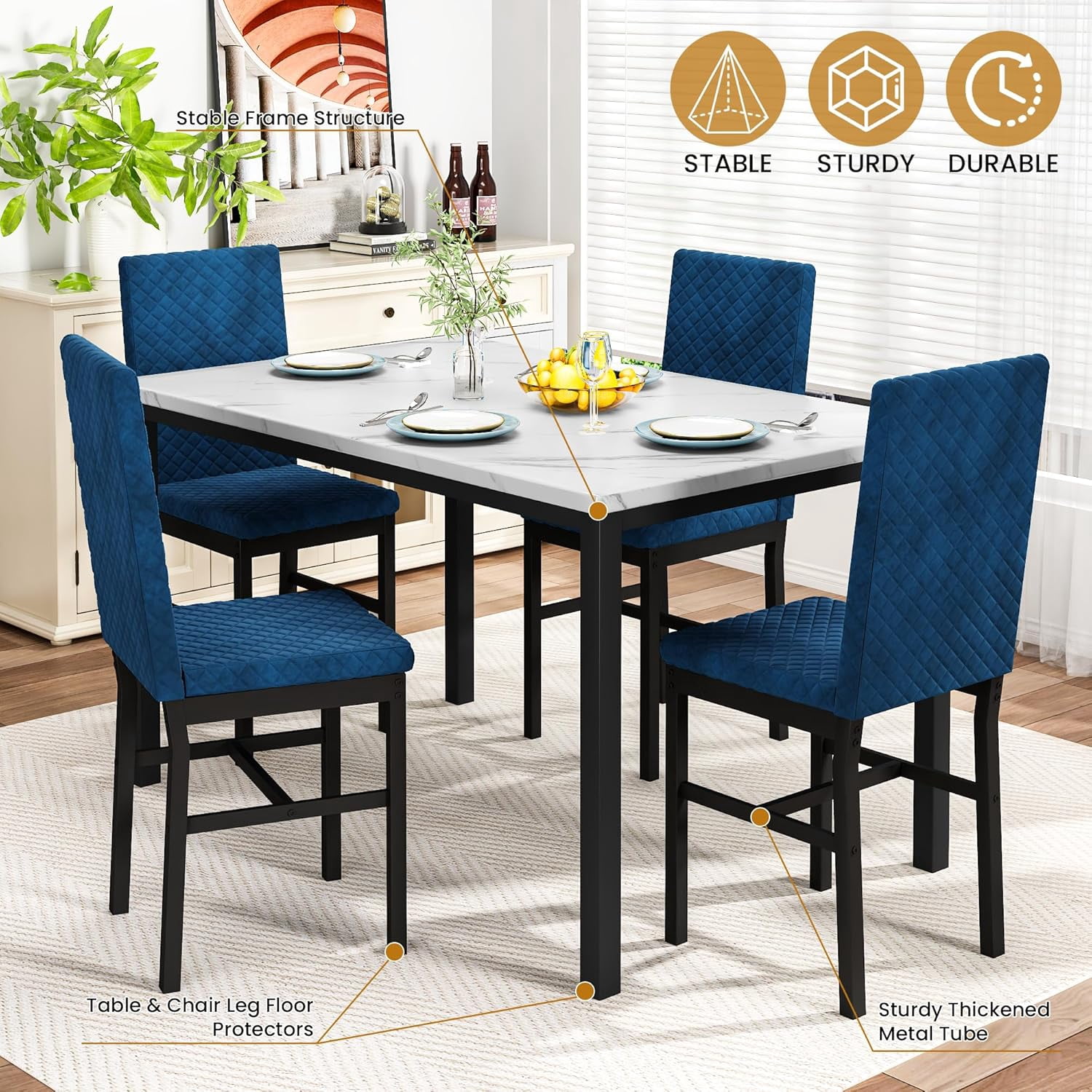 Baxluxe Dining Table Set for 4, Modern 5 Piece Dining Table Set, Faux Marble Kitchen Table and 4 Velvet Upholstered Chairs for Apartments, Dining Rooms, Small Spaces,，Blue + White