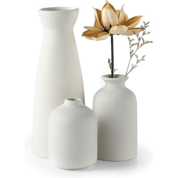 Vit Keramik Vas Set-3 Små Blomvaser för Dekoration, Modern Boho Farmhouse Heminredning, Dekorativ Vas för Pampasgräs