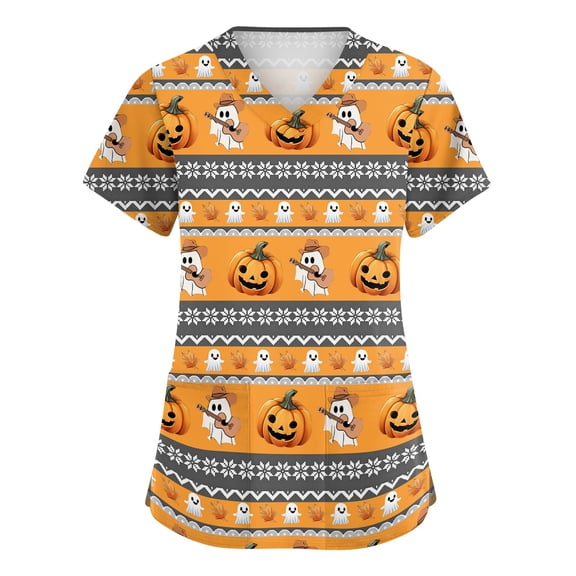 IYYVV Halloween Scrub Tops Women Pumpkin Ghost V Neck Nursing Shirts Print Plus Size Medical Nursing Uniforms with 2 Pockets Yellow 3XL