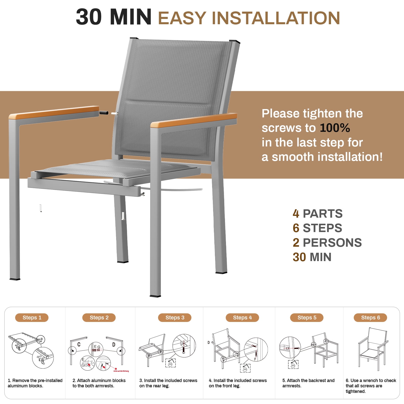 LIFERUN Patio Chairs Set of 4, Stackable Aluminum Outdoor Chair with Quilted Textilene & WPC Handrail, 17" Seat Height, All Weather Chair for Patio, Balcony, Poolside & Restaurants, Gray