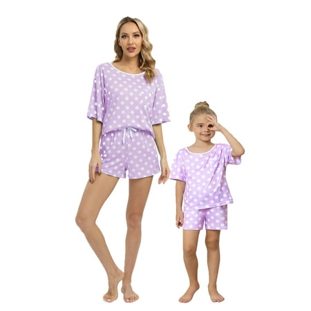 

Baywell Mommy and Me Matching Pajama Set 2 Piece Lounge Set Polka Dots T Shirt and Short Pajama Sets for Women & Girls