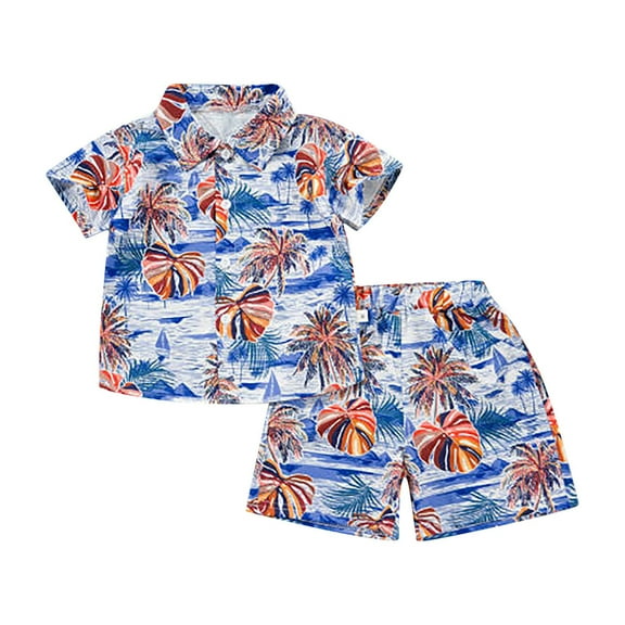 WOYY Toddler Boys 2-Piece Hawaii Outfits Summer Beach Short Sleeve Button Shirt Shorts Set, Sizes 12M-5T