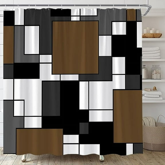 Modern Geometric Shower Curtain Brown Gray Black Abstract Geometric Mid Century Boho Fashion Home Fabric Bathroom Decor Set Include Hooks 48"W x 72"L