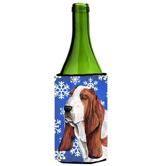 Basset Hound Winter Snowflakes Holiday Wine bottle sleeve Hugger - 24 oz.
