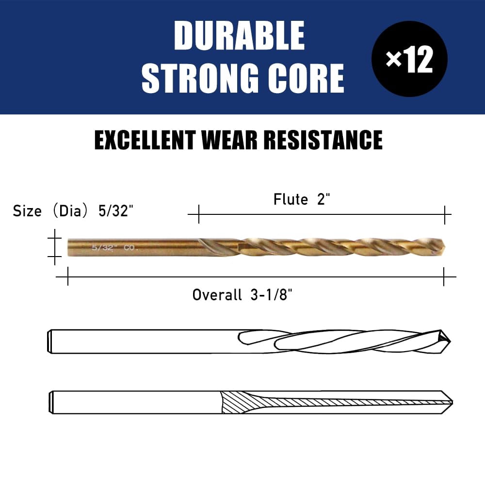 FRKSMD-Pro Edge 12pcs 5/32" Cobalt Drill Bits, M35 High Speed Steel 135 Degree Tip Heavy Duty Jobber Metal Drill Bits Set for Hardened Metal Stainless Steel Cast Iron Wood Plastic