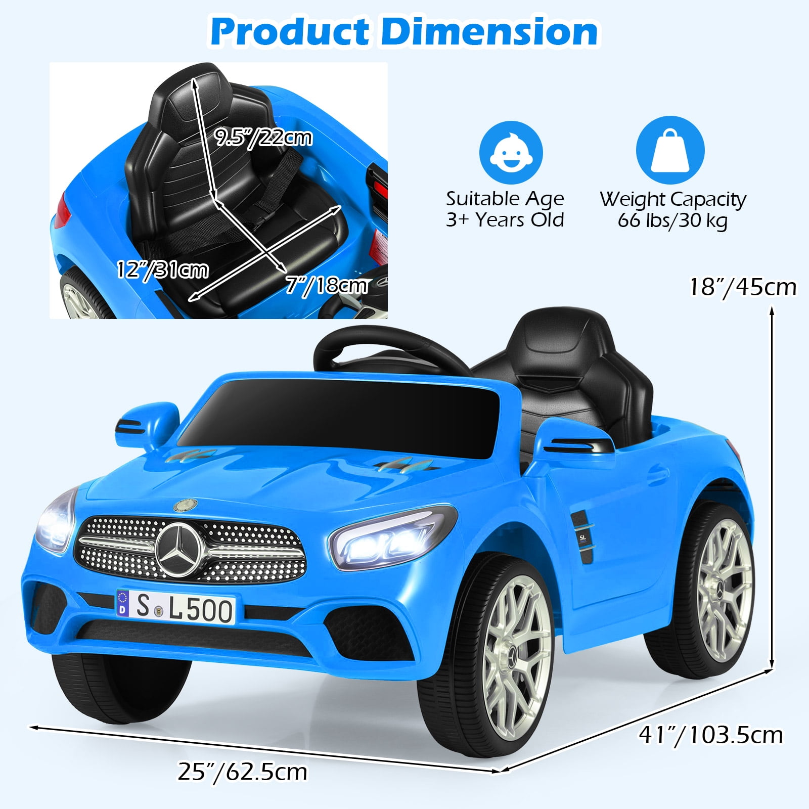 OLAKIDS 12V Electric Kids Ride On Car, Licensed Mercedes Benz SL500 Toy Car with Remote Control, MP3 Plug, USB, 2 Speeds, LED Lights, Battery Powered Toy Vehicle for Toddler Children (Blue)