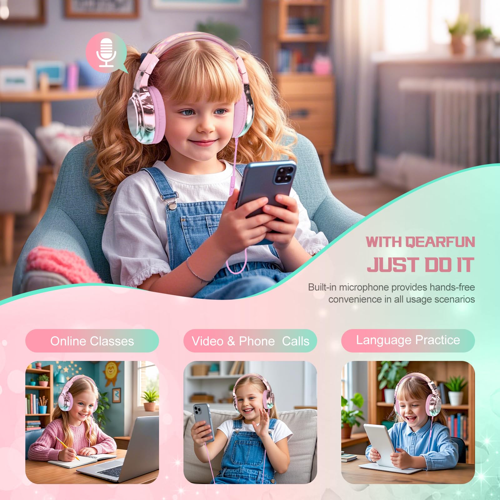 QearFun Kids Wired Headphones with Volume Limit, Pink photo 6
