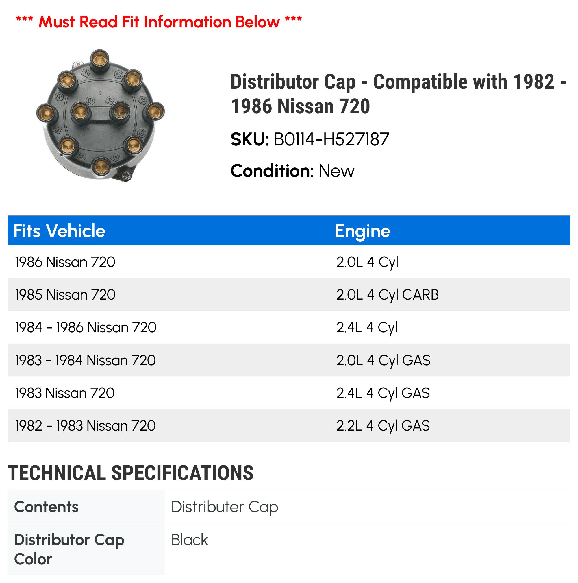 Distributor Cap - Compatible with 1982 - 1986 Nissan 720