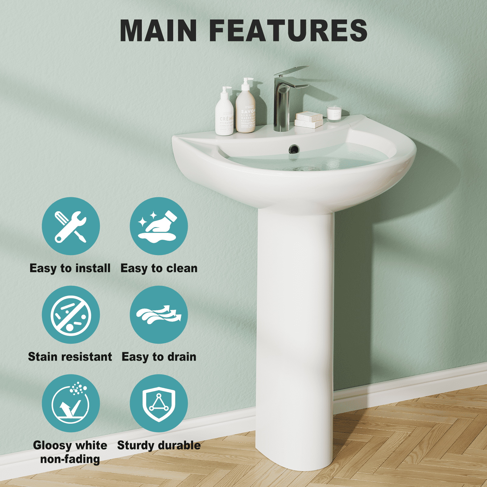 Luku Pedestal Sink Bathroom Pedestal Sink Modern U-Shape Ceramic Pedestal Sink White