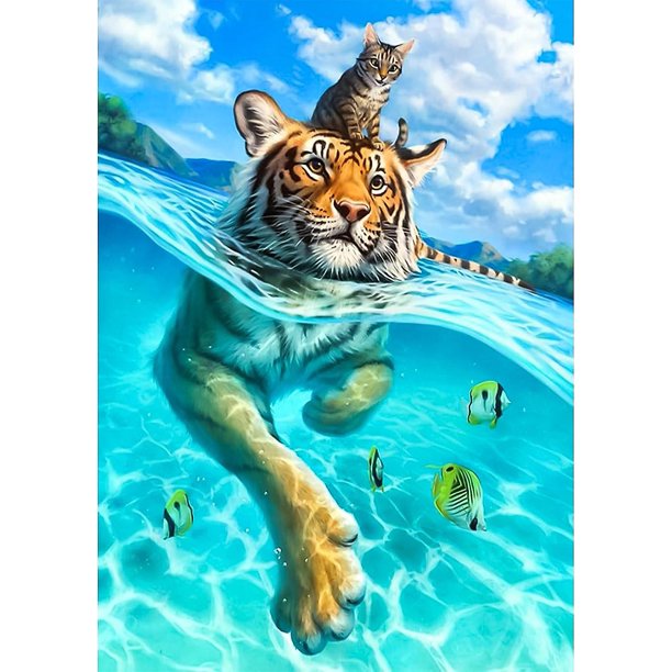 Pintura De Diamante 5D Tigre Y Gato Arte De Diamante Para Adultos, Kit De Diamante De Tigre Para Niños Completo, Diy Diamante Rhinestone Punto De Cruz Pintura De Cristal Decoración De Pared Rojo Verde Cocina, Decoración y Otros