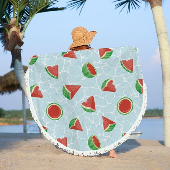 Djunllk Beach Blanket Waterproof Sandproof - Round Microfiber Beach Mat Oversized Lightweight Multifunctional Towel Shawl with Tassels Fast Drying Beach Towel Summer Beach Vacation Essentials