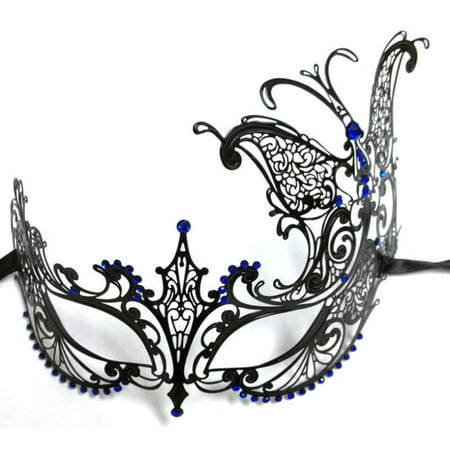 Black Blue Crystal Butterfly Laser Cut Venetian Mask Masquerade Metal Filigree