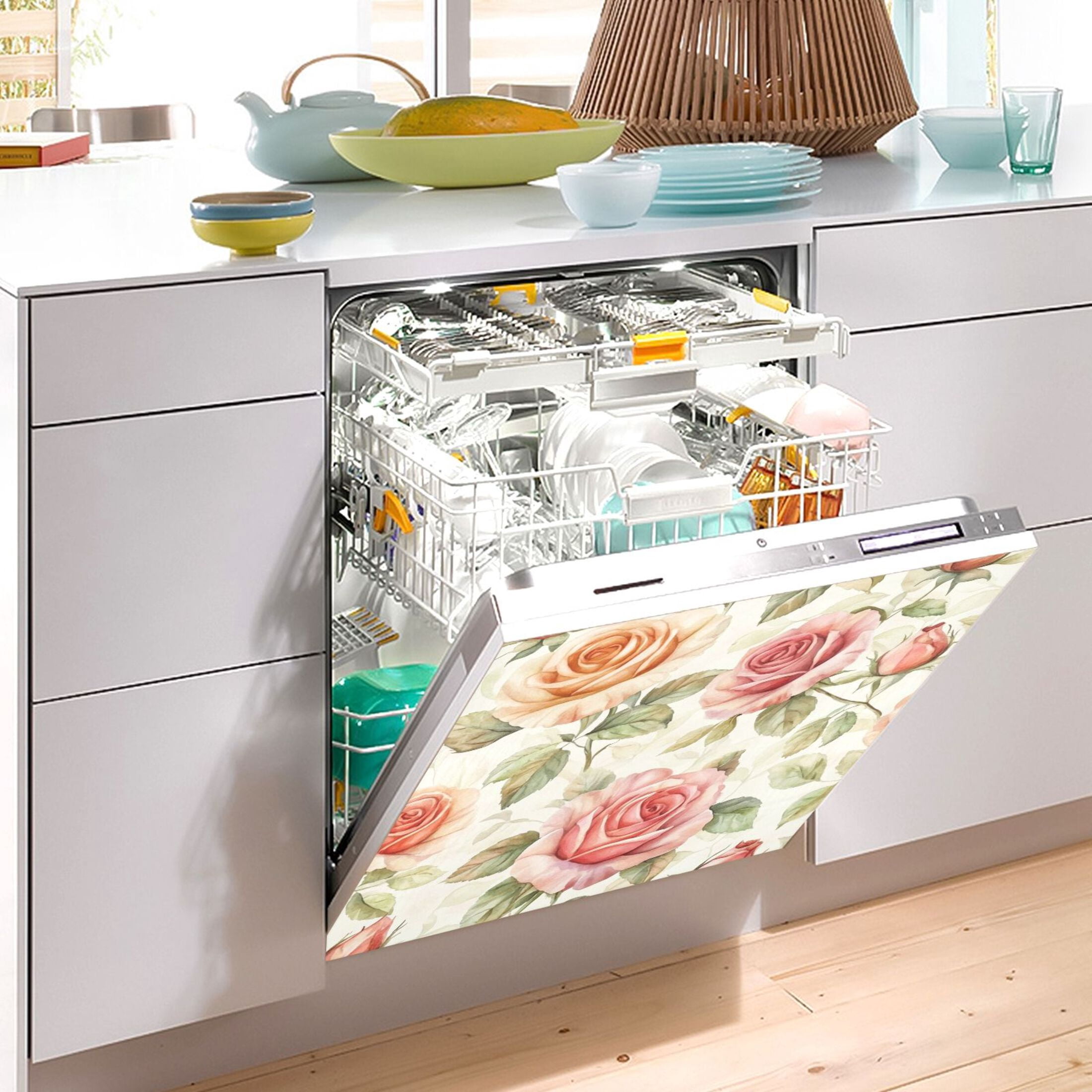 Dishwasher Magnetic Sticker 23x26 Inch Refrigerator Magnetic Sticker Washing Machine Magnetic Sticker Kitchen Panel Magnetic Sticker Home Decor Cartoon Coral Roses Seamless