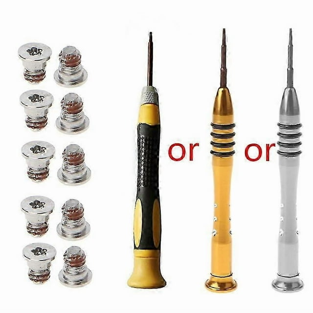for macbook pro retina a1398 a1425 a1502 bottom for case screw with screwdriver Conjunto nuevo de 10 tornillos para carcasa inferior y 1 destornillador de precisión; tornillos plateados con rastro de fijador de rosca marrón y tres estilos de destornilladores finos (mango negro, dorado, plateado) sobre fondo blanco, compatible con MacBook Pro Retina 13"–15" 2012–2015.