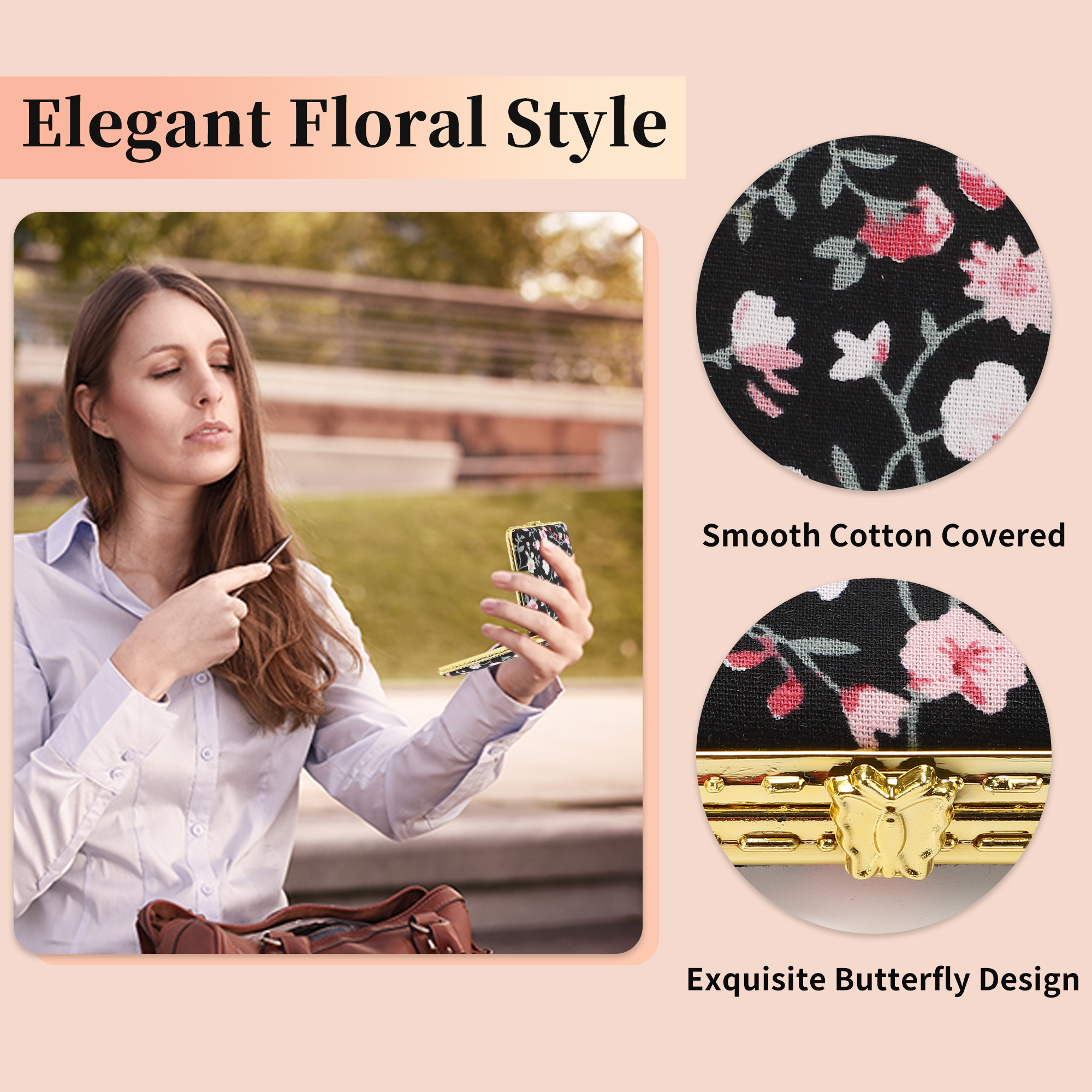 Unique Bargains Flower Square Pocket Mirror Black
