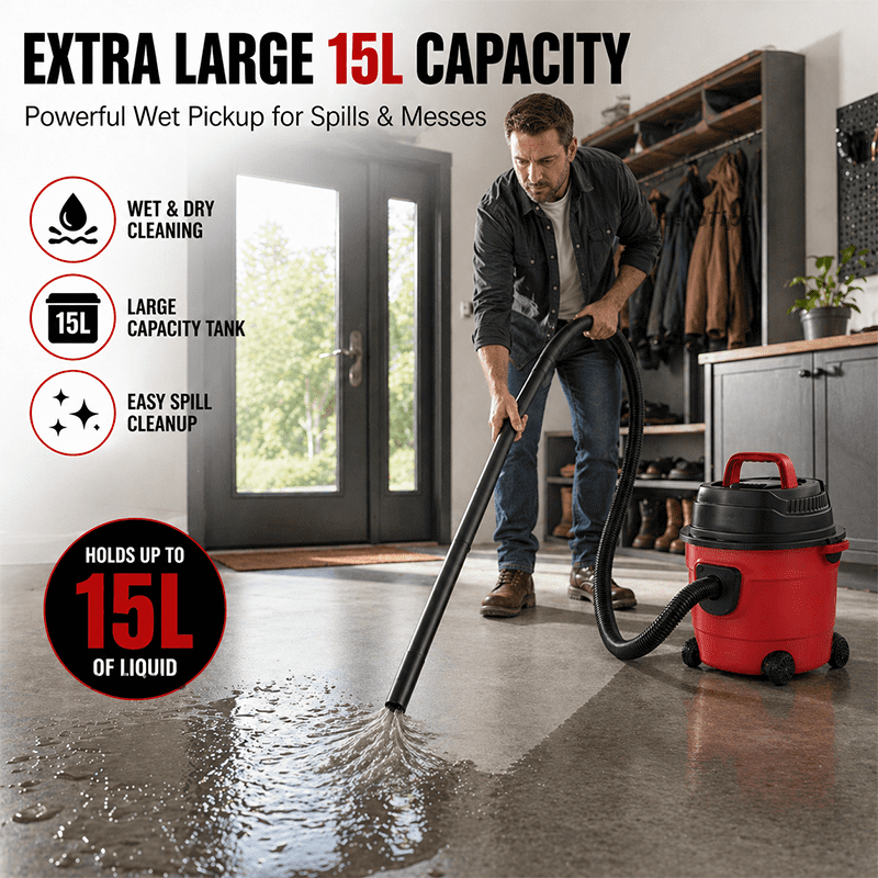 Multi Functional Wet/Dry Vacuum Cleaner with 4m Extended Power Cord, 10 Nozzles, 3 Filters and Various Cleaning Accessories, 1.6HP Powerful Suction, Lightweight Portable Bucket Design, Ideal for Cars