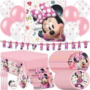 Minnie Mouse Birthday Decorations & Party Supplies | 16 Guests | Balloons, Door Poster, Banner, Tablecloth, Plates, Napkins, Forks, Button