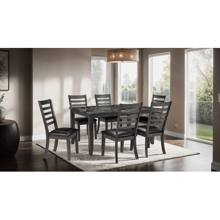 Dining Set 7 Piece Rectangular Faux Marble Top Dining Table with 6 Leatherette Upholstered Ladder Back Side Chairs Acacia Wood Dark Gray 60 L x 36 W x 30 H for Dining Room