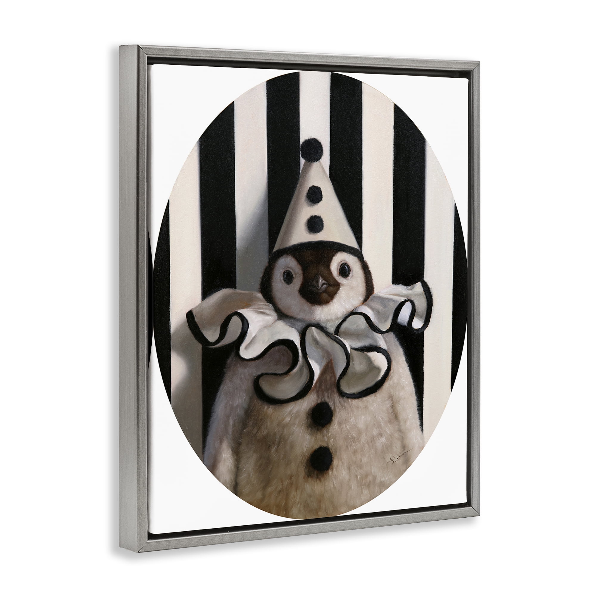 Stupell Industries Clown Themed Penguin Animals Painting Gray Floater Framed Canvas Art Print Wall Art, 25 x 31
