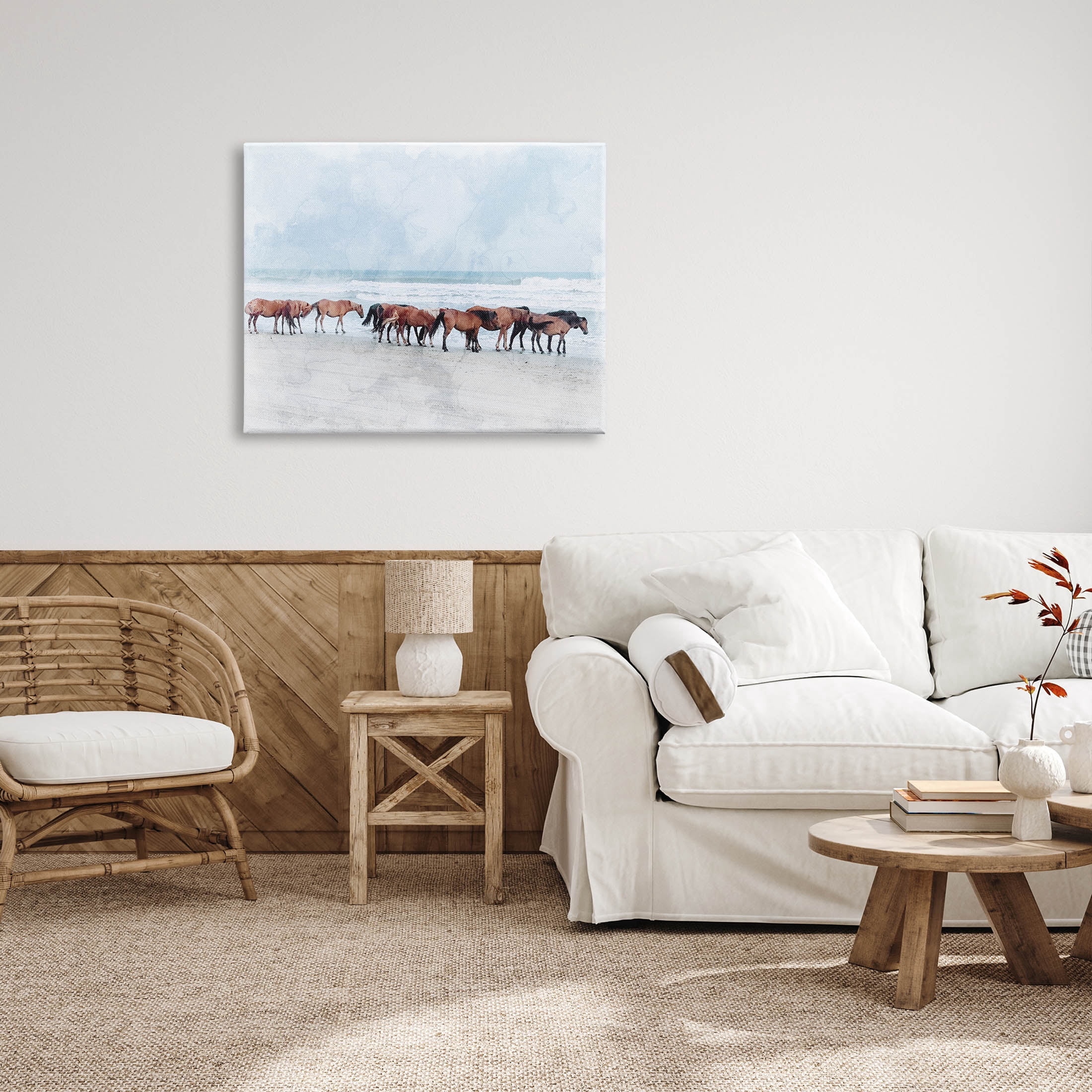 Horse Herd Grazing Beach Shore Animals & Insects Photograph Gallery Wrapped Canvas Print Wall Art
