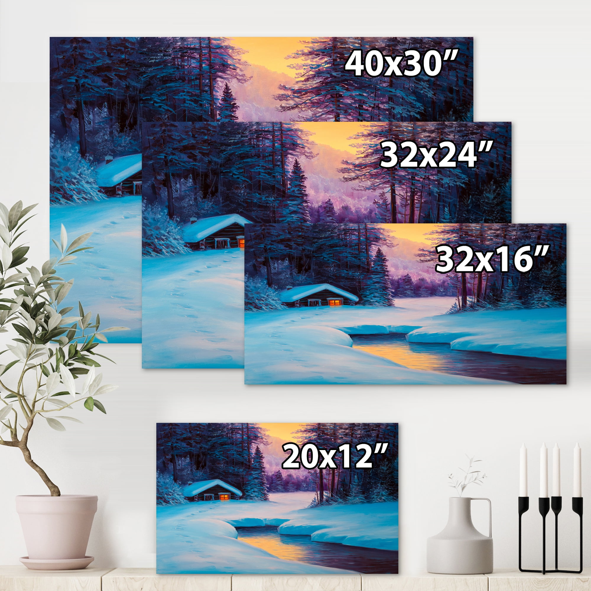 Old Cabin In Winter Forest In Evening Glow II 40 in x 30 in Painting Canvas Art Print, by Designart