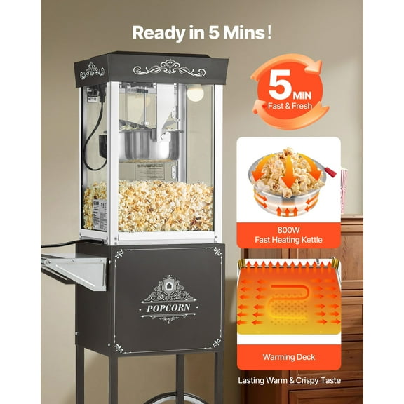 800W Stainless Steel Popcorn Machine with Cart - 48 Cup Commercial Popper, Theater Style Glass Door & Utensils Included