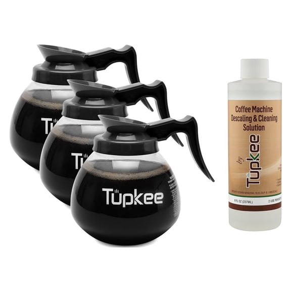Glass Coffee Pots Decanter Carafe -Glass, 64 oz. 12-Cup, Set of 3 Black Handle   BONUS   Tupkee Coffee Machine Descaler & Cleaning Solution - For Drip Coffee Maker, Espresso and Keurig Coffee Machine