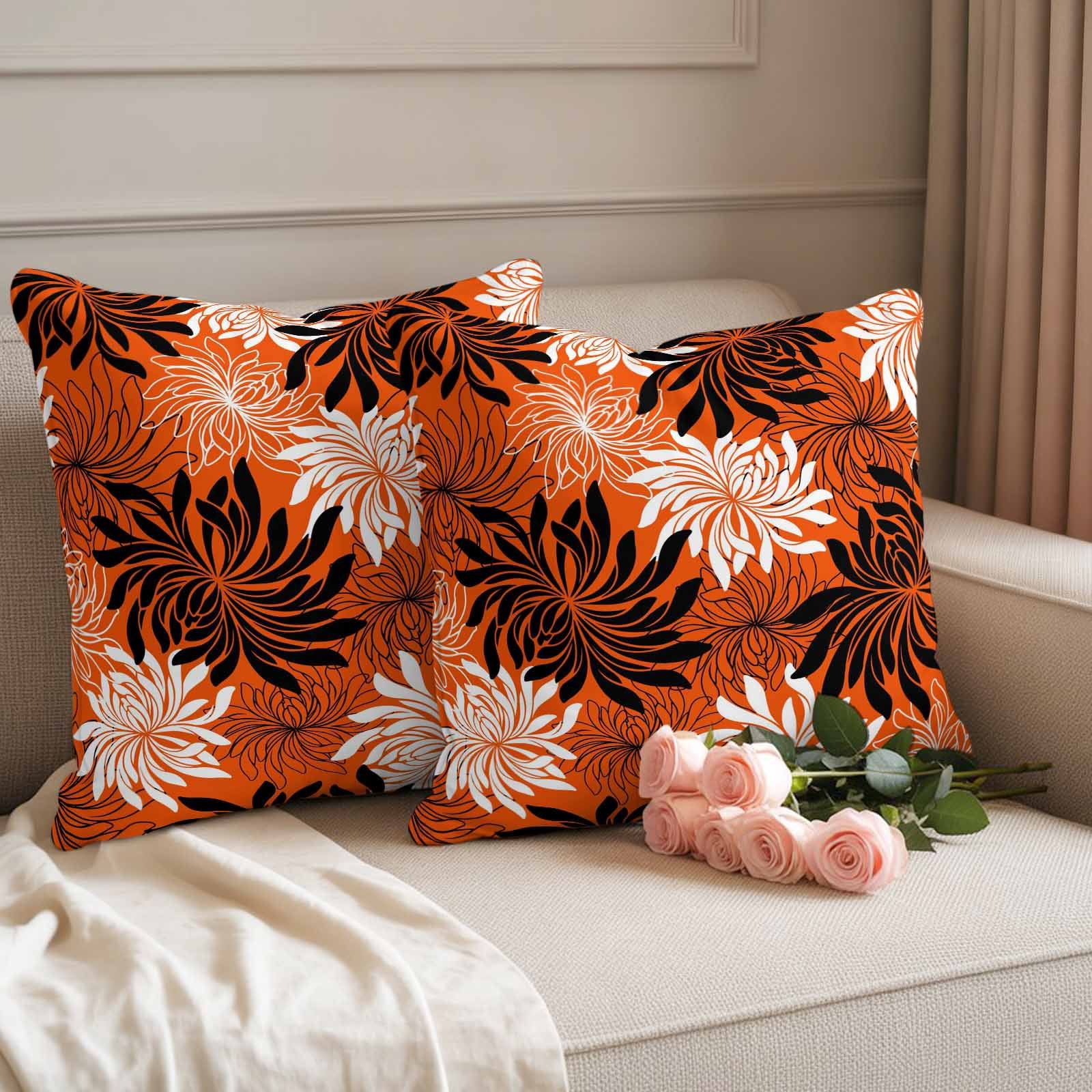 Orange Black Flowers Outdoor Waterproof Throw Pillow Covers 20x20 Set of 2, Modern Abstract Blooms Floral Decorative Pillowcases Cushion Pillowcase for Couch Sofa Patio Outside Pillow Protector
