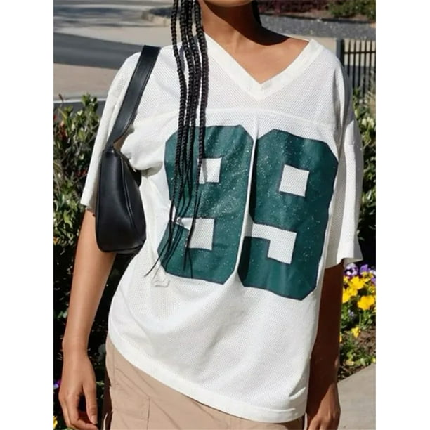 Gupgi Women Loose T-Shirts Number Graphic Tees V Neck Half Sleeve